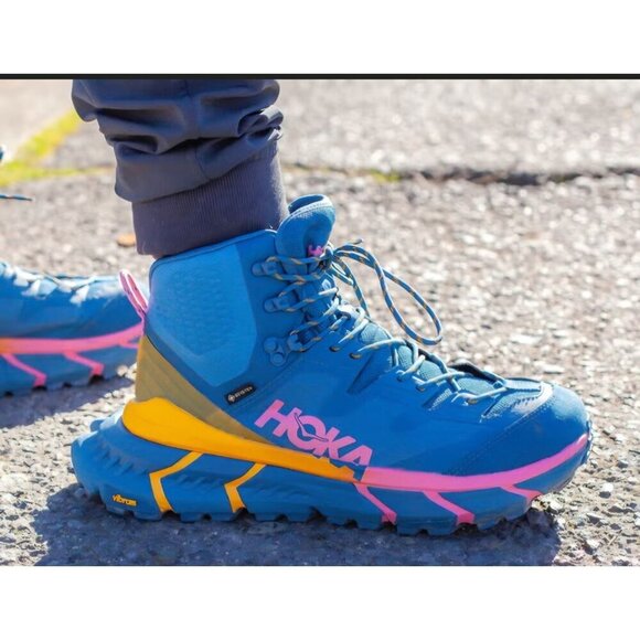 Hoka 14D Mens Tennine Hike GTX Blue Vibram Gortex Hi Lace Platform Sneakers NEW